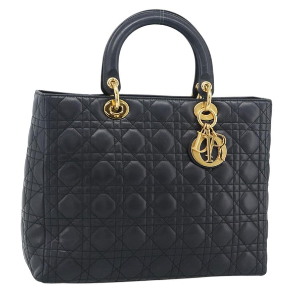 Christian Dior Lady Dior Canage Hand Bag Lamb Skin Black Gold Auth 194778V