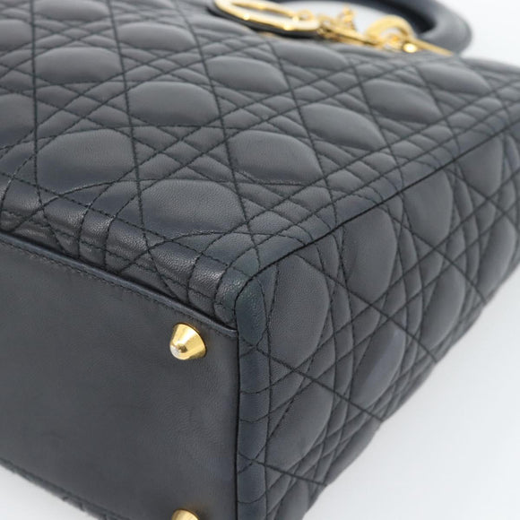 Christian Dior Lady Dior Canage Hand Bag Lamb Skin Black Gold Auth 194778V