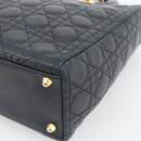 Christian Dior Lady Dior Canage Hand Bag Lamb Skin Black Gold Auth 194778V-12