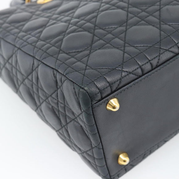 Christian Dior Lady Dior Canage Hand Bag Lamb Skin Black Gold Auth 194778V