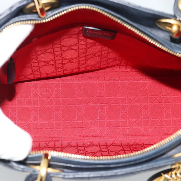 Christian Dior Lady Dior Canage Hand Bag Lamb Skin Black Gold Auth 194778V