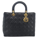 Christian Dior Lady Dior Canage Hand Bag Lamb Skin Black Gold Auth 194778V-2
