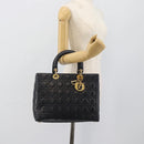 Christian Dior Lady Dior Canage Hand Bag Lamb Skin Black Gold Auth 194778V-23