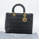 Christian Dior Lady Dior Canage Hand Bag Lamb Skin Black Gold Auth 194778V-24