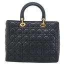 Christian Dior Lady Dior Canage Hand Bag Lamb Skin Black Gold Auth 194778V-3