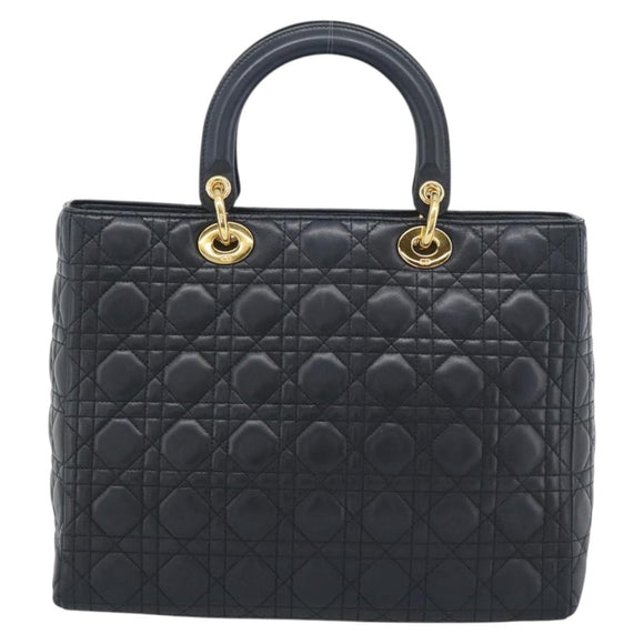 Christian Dior Lady Dior Canage Hand Bag Lamb Skin Black Gold Auth 194778V