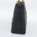 Christian Dior Lady Dior Canage Hand Bag Lamb Skin Black Gold Auth 194778V-5