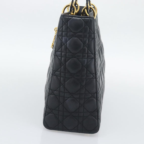 Christian Dior Lady Dior Canage Hand Bag Lamb Skin Black Gold Auth 194778V