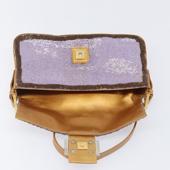 FENDI Mamma Baguette Shoulder Bag Leather Beads Purple Gold Auth 194784SM