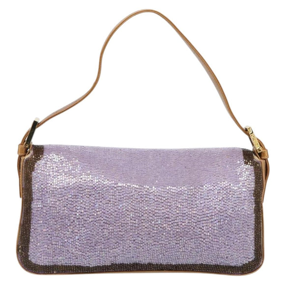FENDI Mamma Baguette Shoulder Bag Leather Beads Purple Gold Auth 194784SM