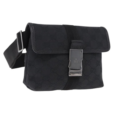 GUCCI GG Canvas Waist Bag Black Silver 131236 Auth 194839A