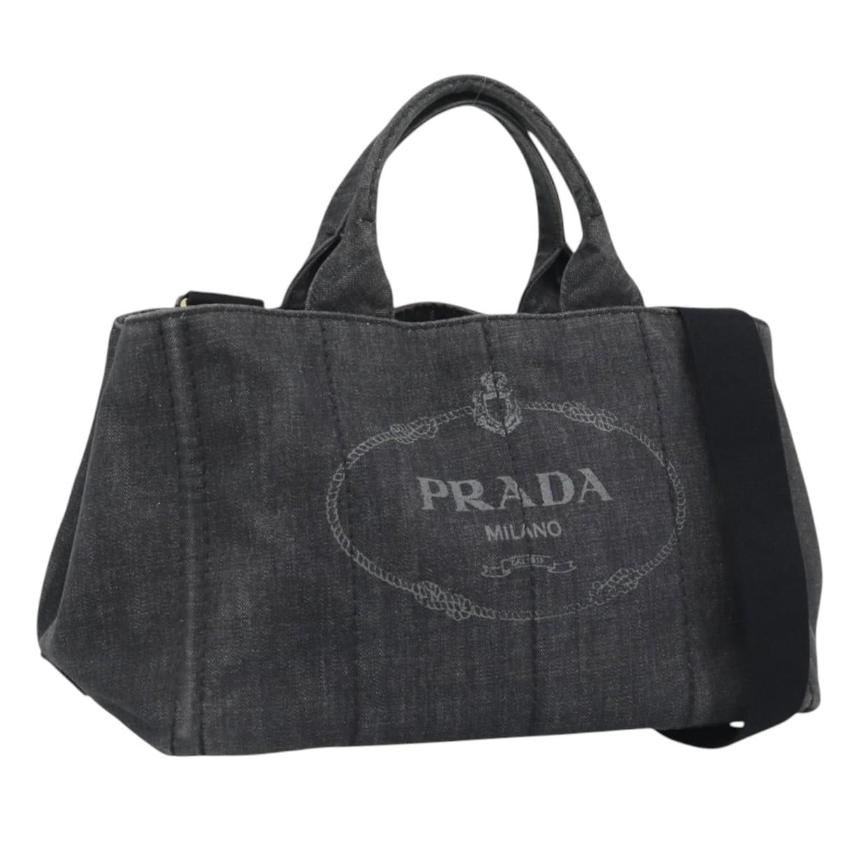 PRADA Canapa MM Hand Bag Denim 2way Black Gold Auth 194841V