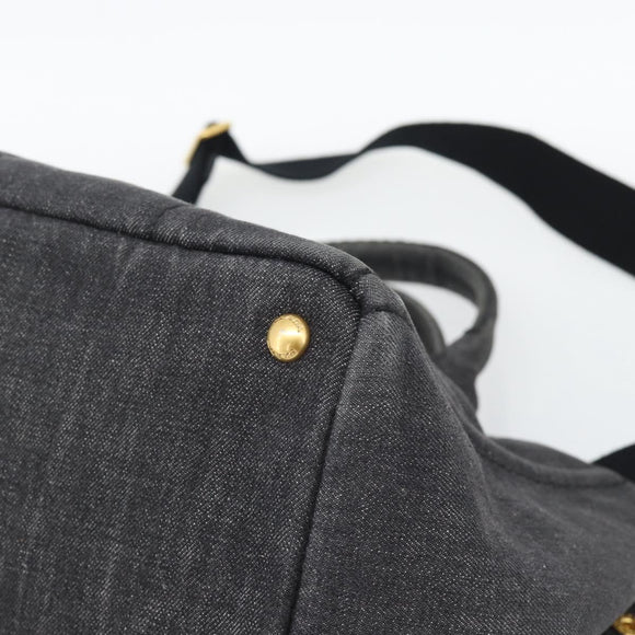 PRADA Canapa MM Hand Bag Denim 2way Black Gold Auth 194841V
