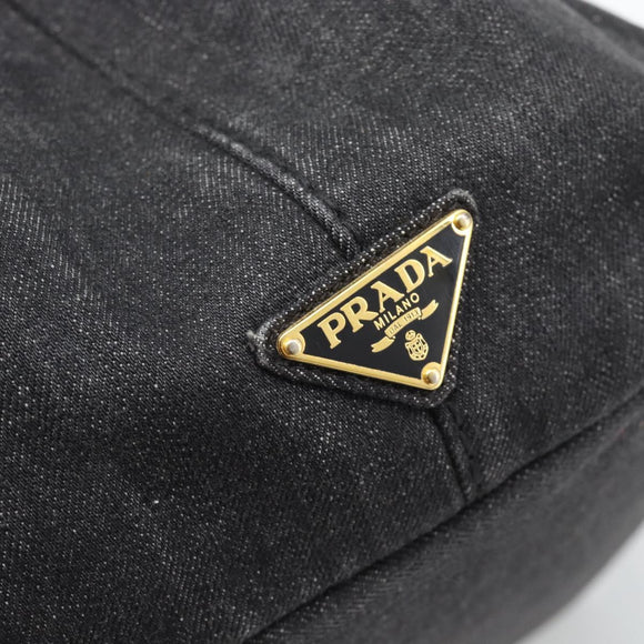PRADA Canapa MM Hand Bag Denim 2way Black Gold Auth 194841V