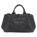 PRADA Canapa MM Hand Bag Denim 2way Black Gold Auth 194841V-2