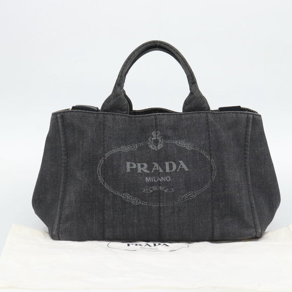 PRADA Canapa MM Hand Bag Denim 2way Black Gold Auth 194841V