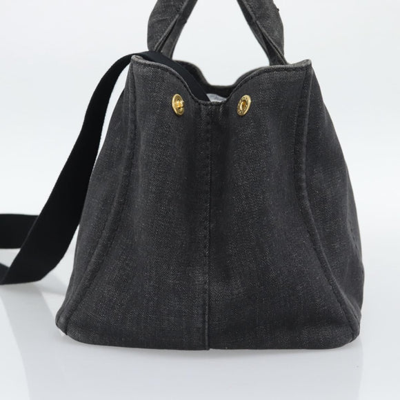 PRADA Canapa MM Hand Bag Denim 2way Black Gold Auth 194841V