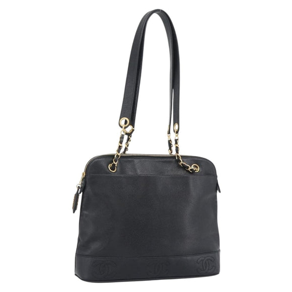 CHANEL Triple Coco Chain Tote Bag Caviar Skin Black Gold CC Auth 194844V