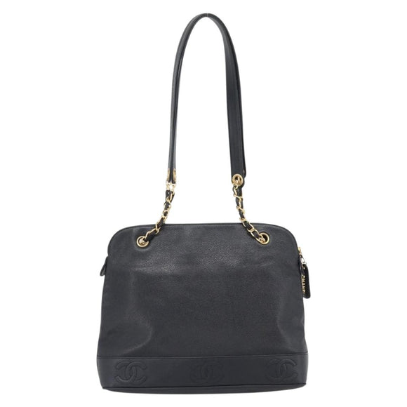 CHANEL Triple Coco Chain Tote Bag Caviar Skin Black Gold CC Auth 194844V