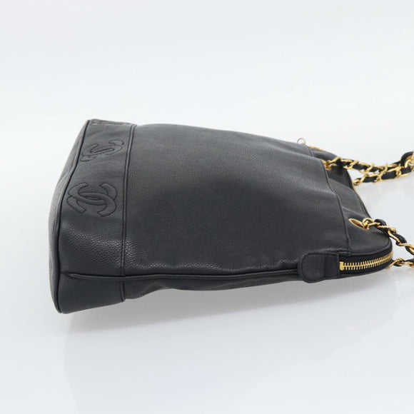 CHANEL Triple Coco Chain Tote Bag Caviar Skin Black Gold CC Auth 194844V