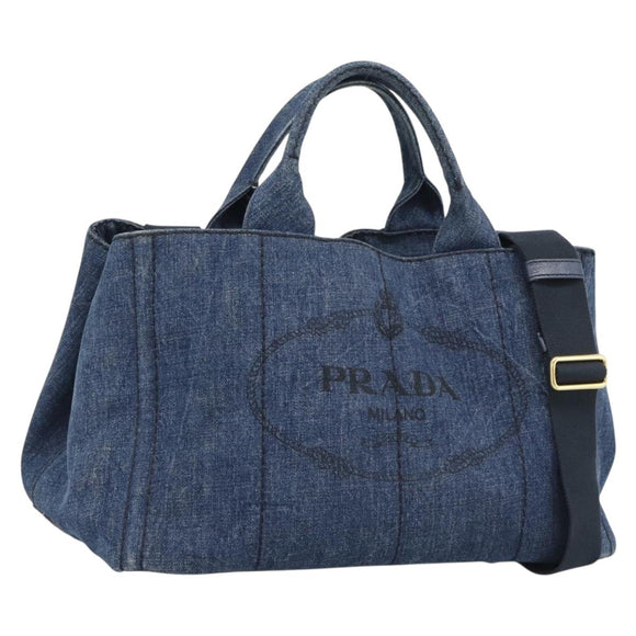 PRADA Canapa M Hand Bag Denim 2way Blue Gold Auth 194845V