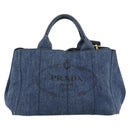 PRADA Canapa M Hand Bag Denim 2way Blue Gold Auth 194845V-2