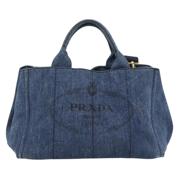 PRADA Canapa M Hand Bag Denim 2way Blue Gold Auth 194845V