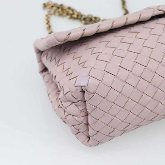 BOTTEGA VENETA INTRECCIATO Chain Shoulder Bag Leather Pink Gold Auth 194846V