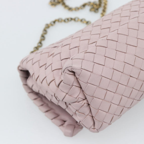 BOTTEGA VENETA INTRECCIATO Chain Shoulder Bag Leather Pink Gold Auth 194846V
