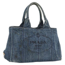PRADA Canapa MM Hand Bag Denim Blue Gold Auth 194847-1