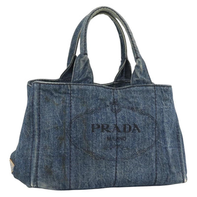 PRADA Canapa MM Hand Bag Denim Blue Gold Auth 194847