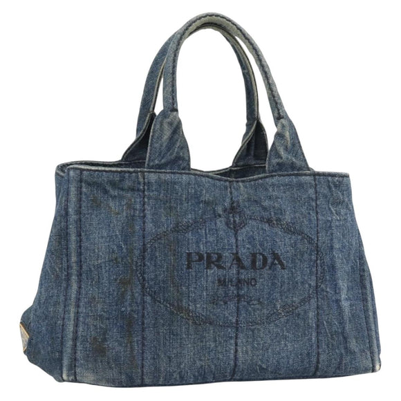 PRADA Canapa MM Hand Bag Denim Blue Gold Auth 194847
