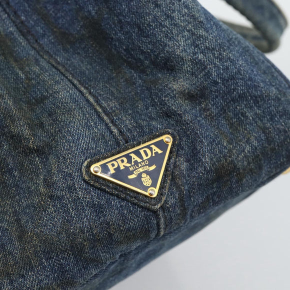 PRADA Canapa MM Hand Bag Denim Blue Gold Auth 194847