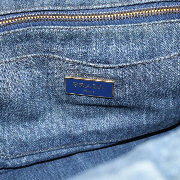PRADA Canapa MM Hand Bag Denim Blue Gold Auth 194847