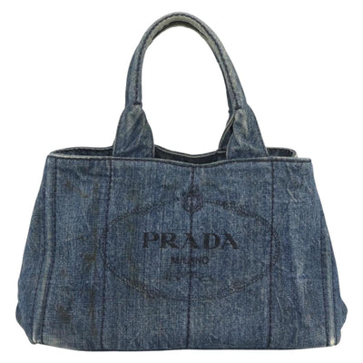 PRADA Canapa MM Hand Bag Denim Blue Gold Auth 194847 - 0