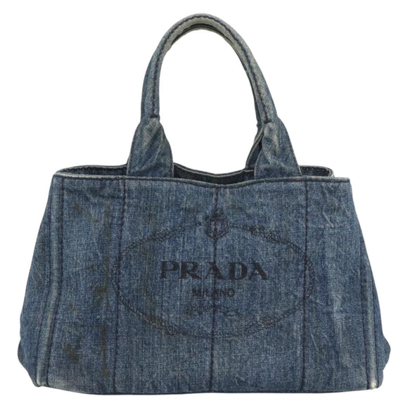 PRADA Canapa MM Hand Bag Denim Blue Gold Auth 194847