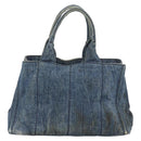 PRADA Canapa MM Hand Bag Denim Blue Gold Auth 194847-3