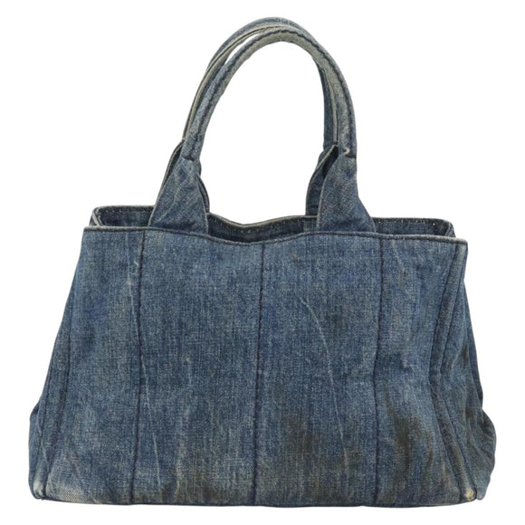 PRADA Canapa MM Hand Bag Denim Blue Gold Auth 194847