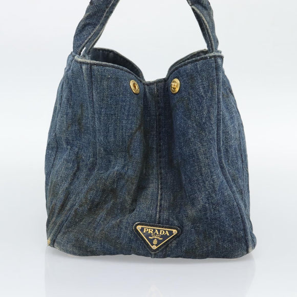 PRADA Canapa MM Hand Bag Denim Blue Gold Auth 194847