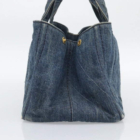 PRADA Canapa MM Hand Bag Denim Blue Gold Auth 194847
