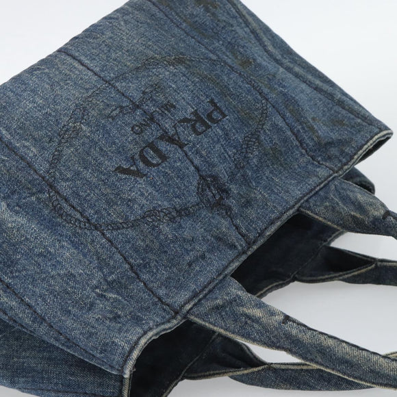 PRADA Canapa MM Hand Bag Denim Blue Gold Auth 194847