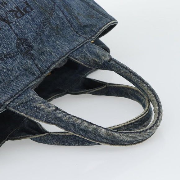 PRADA Canapa MM Hand Bag Denim Blue Gold Auth 194847