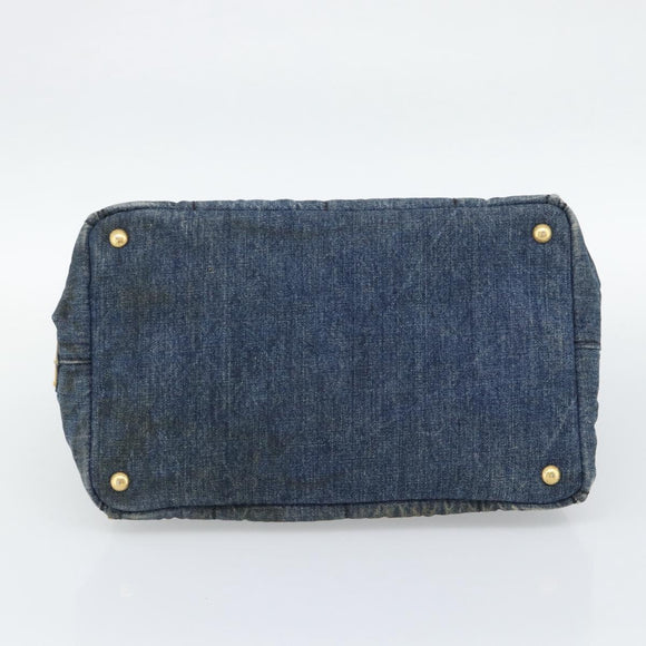 PRADA Canapa MM Hand Bag Denim Blue Gold Auth 194847