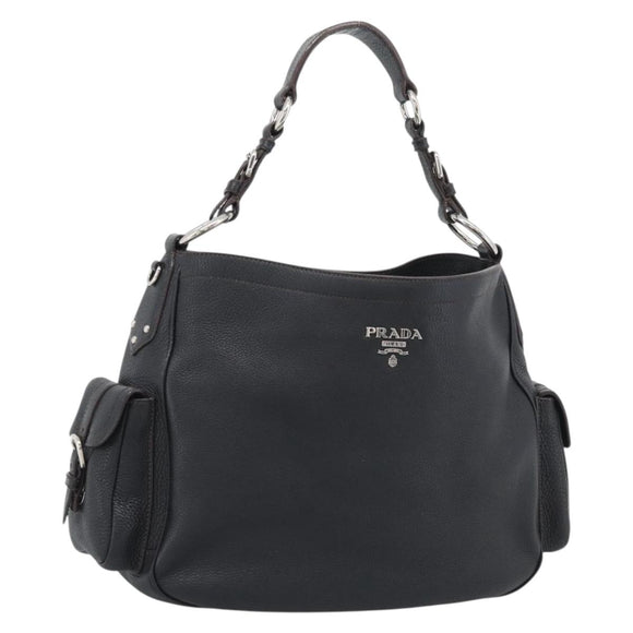 PRADA Shoulder Bag Vittero Dino Leather Black Silver Auth 194853SAV