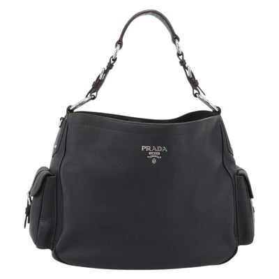 PRADA Shoulder Bag Vittero Dino Leather Black Silver Auth 194853SAV - 0
