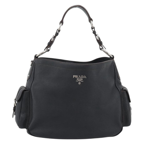 PRADA Shoulder Bag Vittero Dino Leather Black Silver Auth 194853SAV