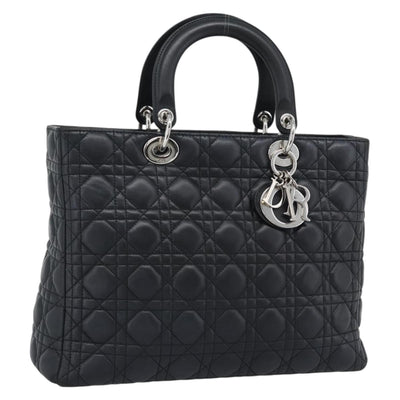 Christian Dior Lady Dior Canage Hand Bag Lamb Skin Black Silver Auth 194856V