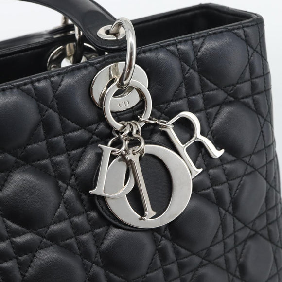 Christian Dior Lady Dior Canage Hand Bag Lamb Skin Black Silver Auth 194856V