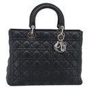 Christian Dior Lady Dior Canage Hand Bag Lamb Skin Black Silver Auth 194856V-2
