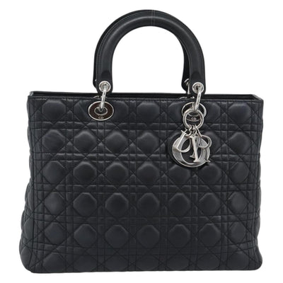 Christian Dior Lady Dior Canage Hand Bag Lamb Skin Black Silver Auth 194856V - 0